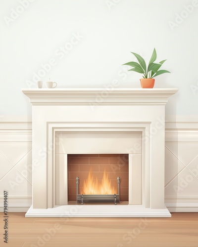 A white fireplace with a fire burning in it. There is a potted plant on the mantel and two white coffee mugs. The fireplace is in a white room with white walls and a white floor. photo