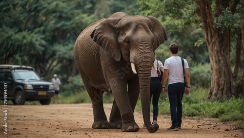 Tourists with elephant.   