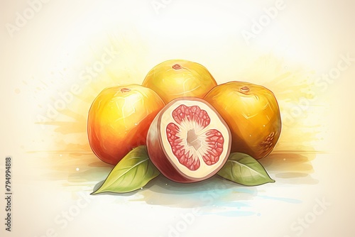 An illustration of a few watercolor pomelos with leaves. photo
