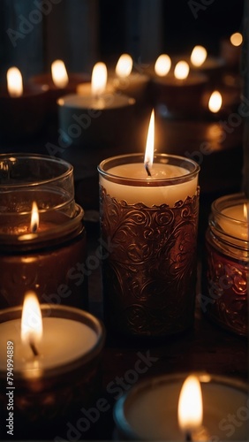 A beautifully burning thick, ornate candle.