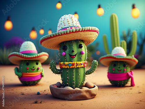 Cacti Fiesta: Playful Cartoon Cacti with Sombreros and Maracas Ready for a Festive Scene