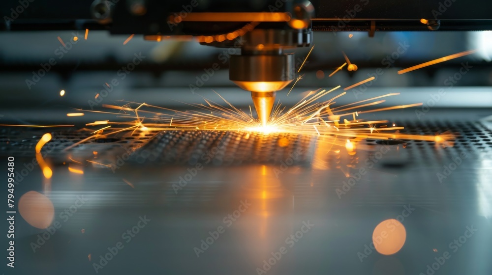 3D printer printing metal. Laser sintering machine for metal. Metal is sintered under the action of laser into shape. DMLS, SLM, SLS. Modern additive technologies 4.0 industrial revolution. Sparks - obrazy, fototapety, plakaty 