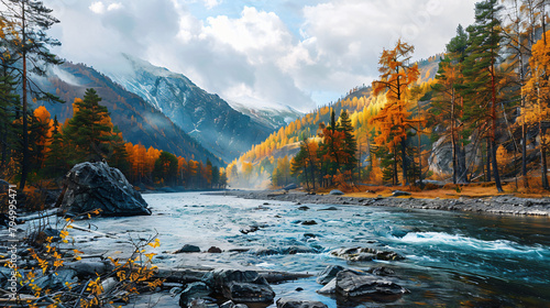 Mountain river and autumn forest in Altai Siberia Russ photo