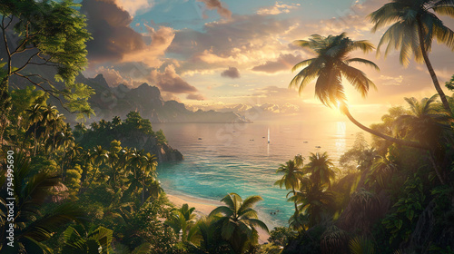 A lush tropical paradise bathed in the golden light of dawn, where verdant palms sway in the gentle breeze against a backdrop of azure skies and tranquil seas.