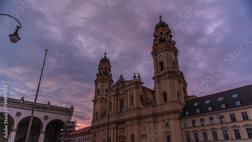The Theatine Church of St. Cajetan timelapse during sunset. Munich, Germany