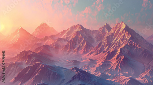 Mountains in the pink sunlight at sunset. --