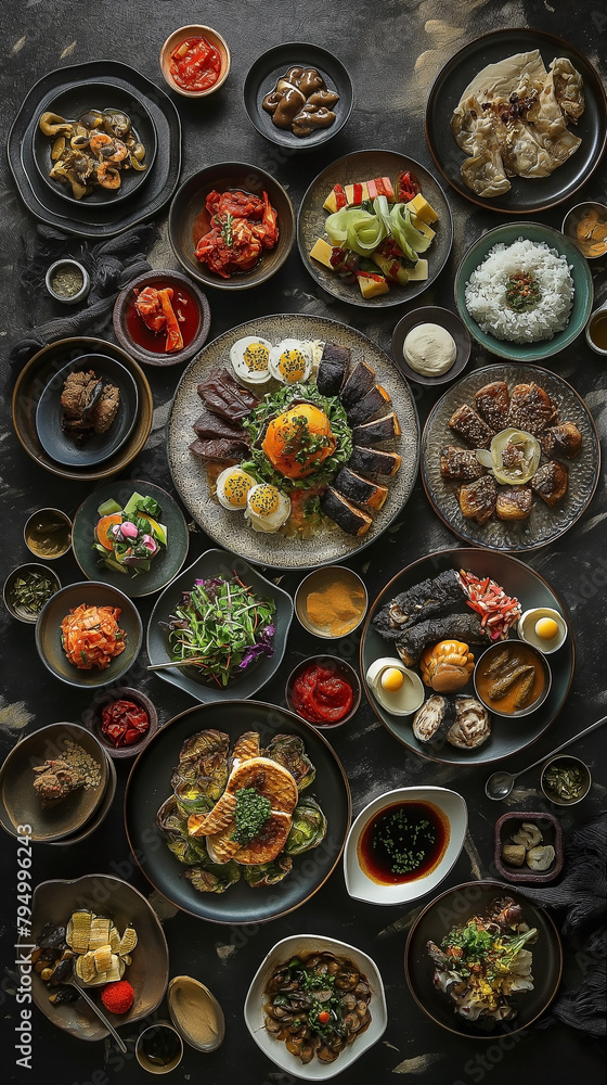 Assorted Korea food set dishes on a red cloth table. Asian food, top view, red background Assorted Korea food set dishes on a red cloth table. Asian food, top view, red background