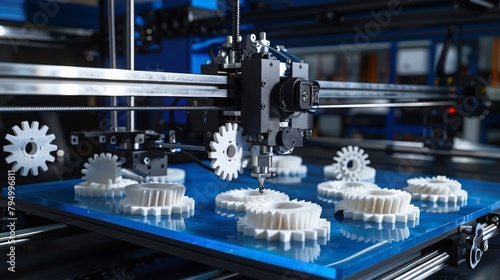gantry with x-carriage and print head of a FDM-3D-printer that produces white helical gears on blue print bed. dark surrounding. selective focus. additive manufacturing concept photo