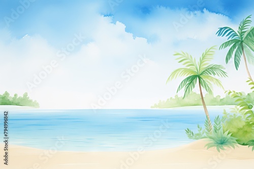 watercolor painting of a beach with palm trees