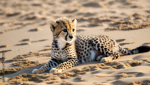 Adorable baby cheetahs are playing at beautiful beach, AI generated photo