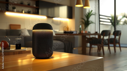 A smart speaker stands on a table in an apartment close-up