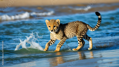 Adorable baby cheetahs are playing at beautiful beach, AI generated