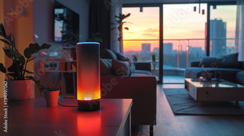 A smart speaker stands on a table in an apartment close-up photo