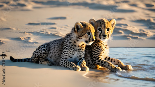 Adorable baby cheetahs are playing at beautiful beach, AI generated