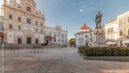Panorama showing Sa da Bandeira Square with a view of the Santarem See Cathedral timelapse. Portugal photo