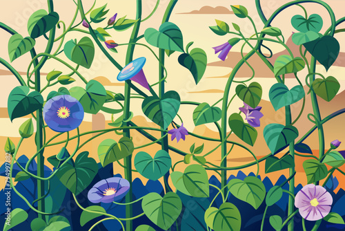 Ethereal morning glories climbing a trellis