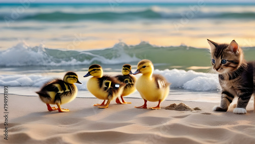 Adorable baby ducks are playing at beautiful beach, AI generated