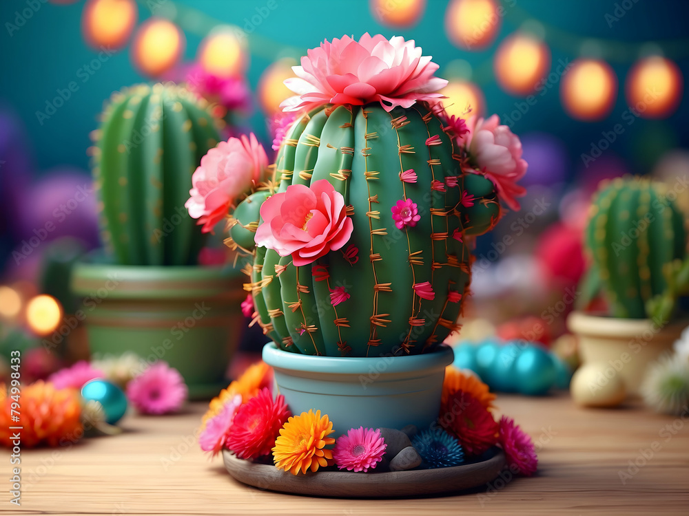 Vibrant Cartoon Cacti with Floral Adornments in Festive Setting - Botanical Collection Concept | Stock Photo
