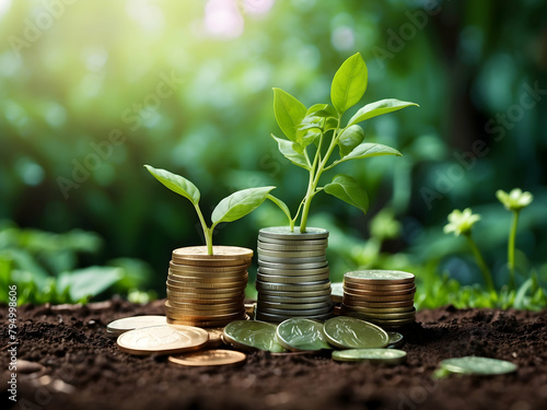 Financial Growth Garden: Garden Growing Coins and Banknotes as a Symbol of Green Investments - Wallpaper Concept for Stock Photos