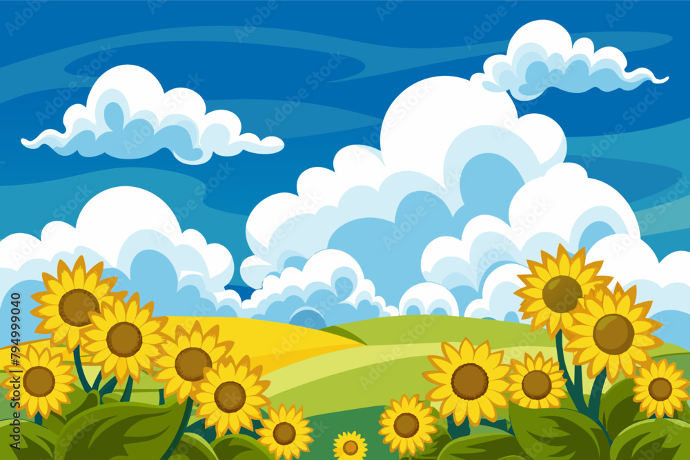 Fluffy white clouds drifting above a field of sunflowers Fluffy white clouds drifting above a field of sunflowers