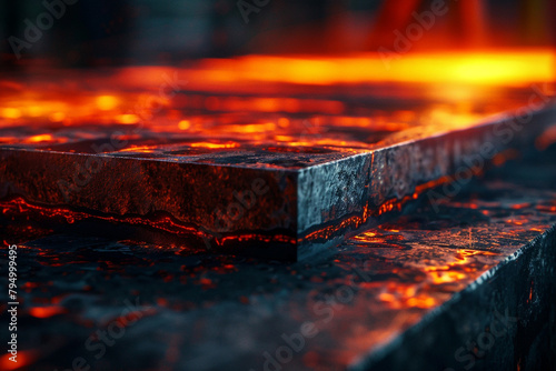 Detailed view of a heat treatment process on steel, with visible color changes indicating temperature gradients 