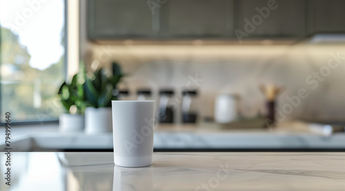 one white coffee mugs sit side by side on an empty wooden table in the kitchen