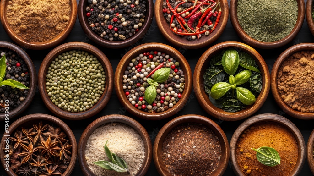 Assortment of premium spices and seasonings in wooden bowls on dark background for gourmet cooking