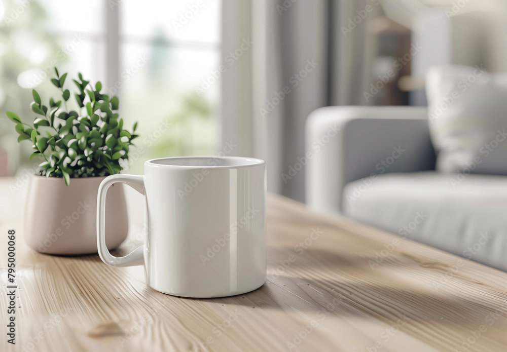 A white coffee mug on the table, in the style of a mockup with a blurred background and a plant in the corner