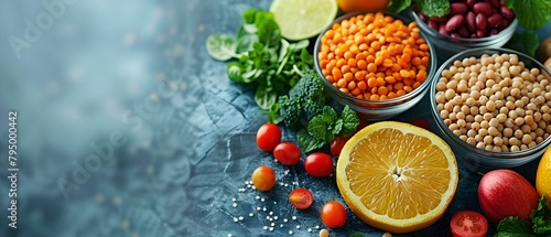 Orderly display of fruits vegetables legumes for a healthy diet banner. Concept Healthy Eating, Fruits and Vegetables, Nutritious Foods, Balanced Diet, Fresh Produce photo