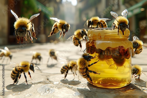 a colony of bees approaches a jar of honey photo