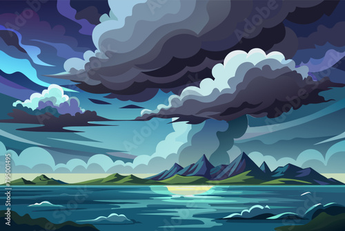 Storm clouds brewing over a calm ocean