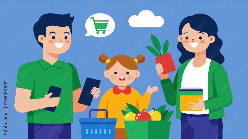 A family using cashback apps to receive rebates on their purchases while grocery shopping. A family using cashback apps to receive rebates on their purchases while grocery shopping.
