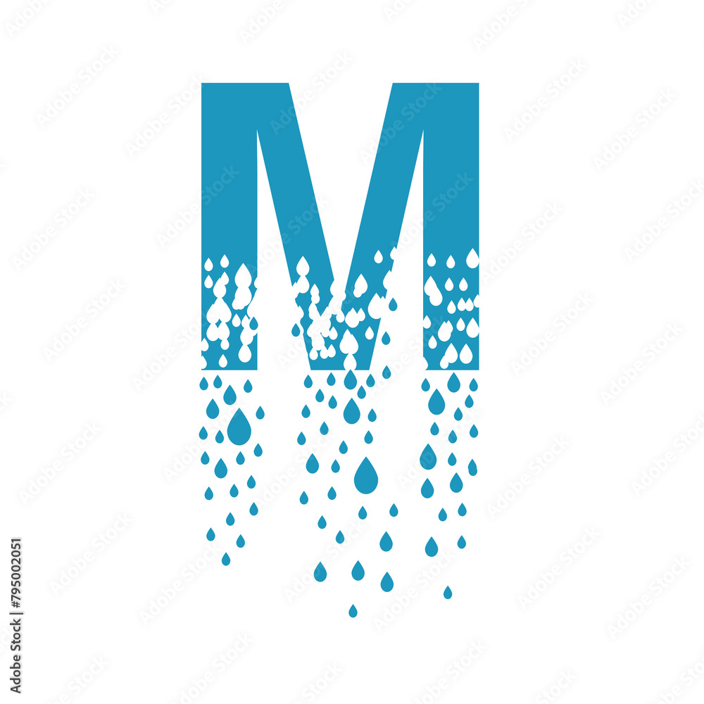 The letter M dissolves into droplets. Drops of liquid fall out as precipitation. Destruction effect. Dispersion The letter M dissolves into droplets. Drops of liquid fall out as precipitation. Destruction effect. Dispersion