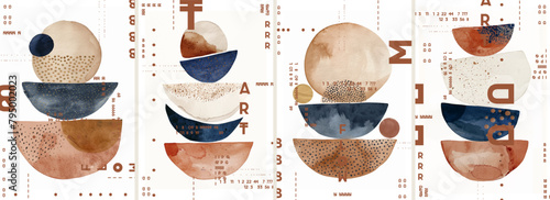 A series of watercolor and ink illustrations featuring abstract shapes in earthy tones, such as terracotta red, navy blue, beige, brown, with patterns natural textures on white background. © Mirror Flow