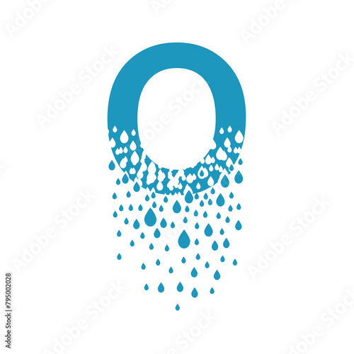 The letter O dissolves into droplets. Drops of liquid fall out as precipitation. Destruction effect. Dispersion