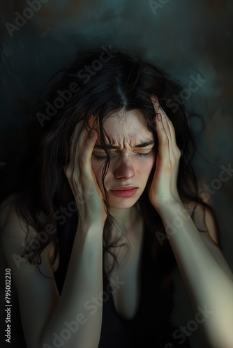 Headache Strain: Portrait of a Female Experiencing Discomfort Generative Ai