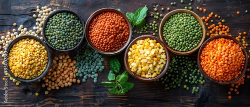 Celebrating World Pulses Day with a Top-Down View of Colorful Legume Bowls on a Dark Wooden Table. Concept Food Styling, World Pulses Day, Top-Down Photography, Dark Wooden Table, Vibrant Colors