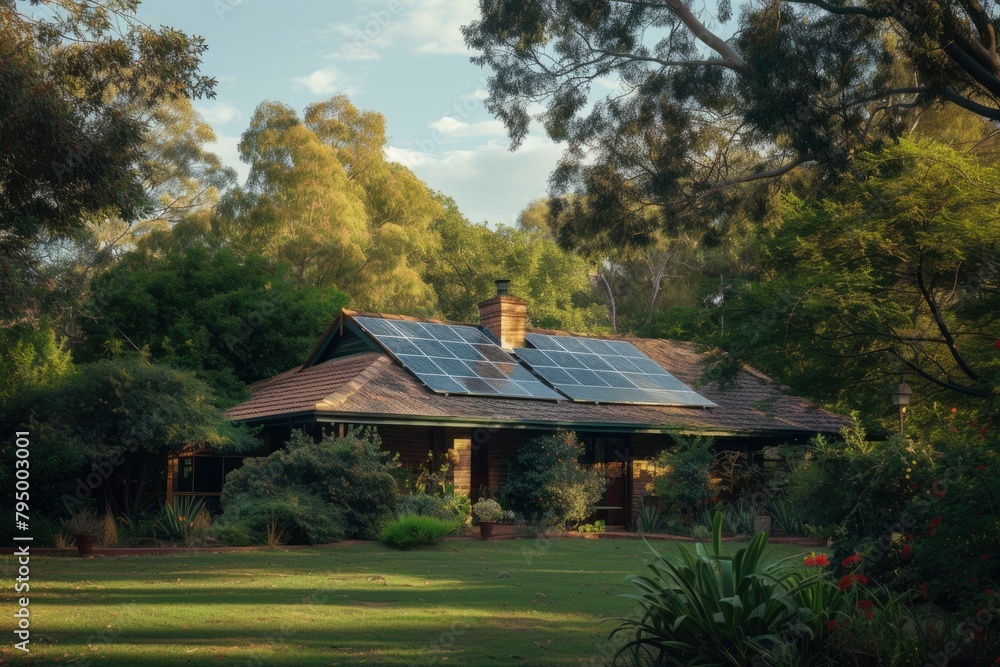 Home with solar panels surrounded by green garden. AI-generated Home with solar panels surrounded by green garden. AI-generated