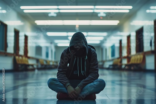 Depressed Young Student, Masked, Sits Alone on College or University Floor Generative Ai
