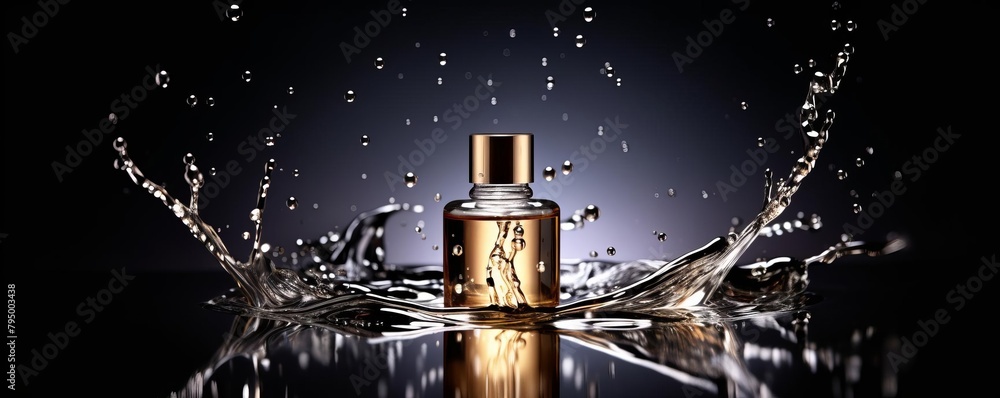 Elegant studio shot of a cosmetic bottle with a waterdrop effect, illuminated by sophisticated lighting, perfect for a magazine cover