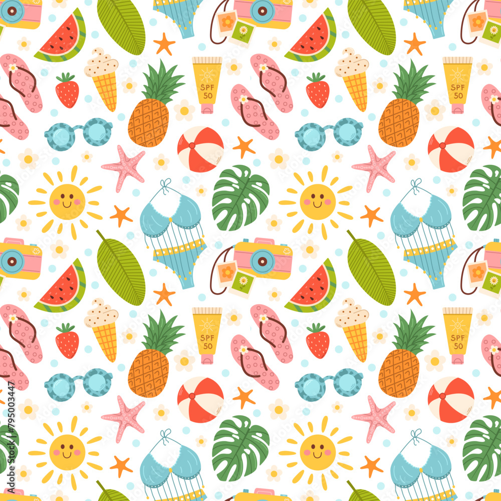 Cute summer beach elements. Vacation accessories for sea holidays. Hand drawn cartoon vector seamless pattern