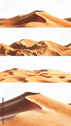 Realistic Image of desert landscapes on a white background, Stock photo style.