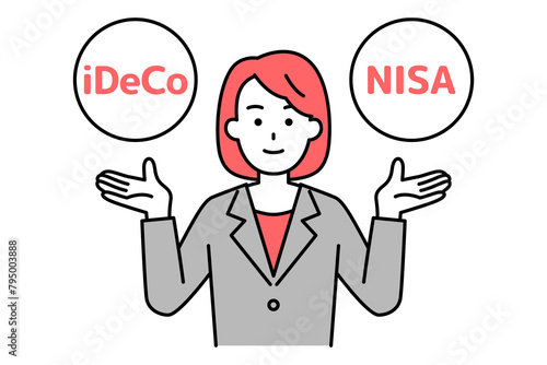 iDeCoとNISAの選択肢を提案するスーツの女性