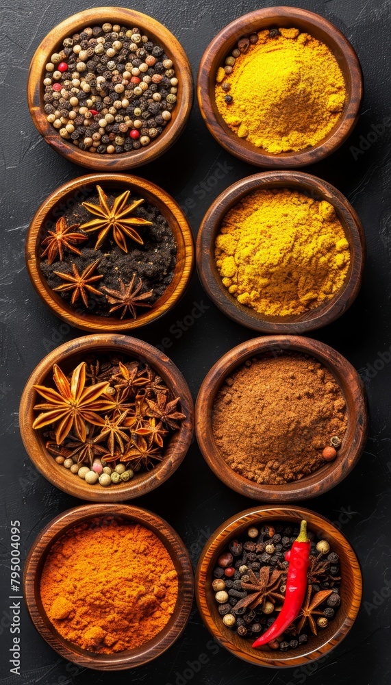 Assortment of gourmet spices in wooden bowls on dark background for culinary enthusiasts