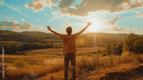 a man standing in a field with his arms raised photo