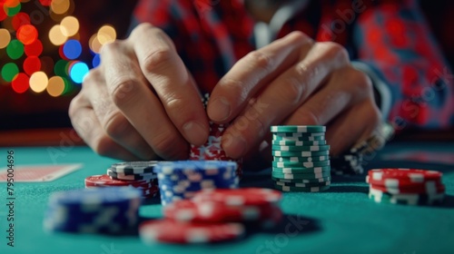 Gambler man hands with large stack of colored poker chips across gaming table for betting