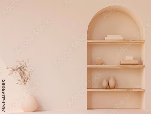 a shelf with a vase and vase with a plant in it