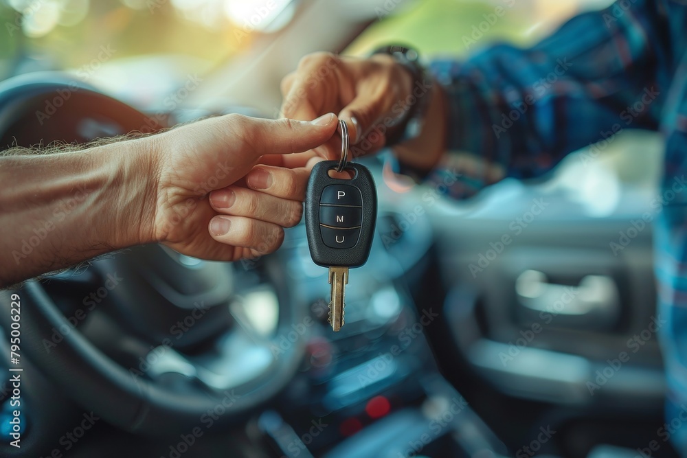 Hands exchanging car keys, symbolizing the transfer of ownership, possibly after the sale or rental of a vehicle Hands exchanging car keys, symbolizing the transfer of ownership, possibly after the sale or rental of a vehicle