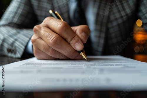 An up-close view of a businessman's firm hand as he finalizes a deal by signing a document against an elegant backdrop photo