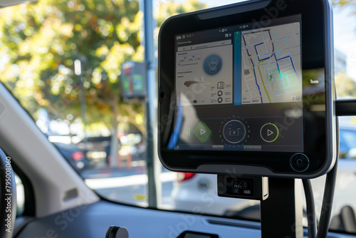 Detailed view of an electric vehicle charging station with a digital display showing environmental impact savings